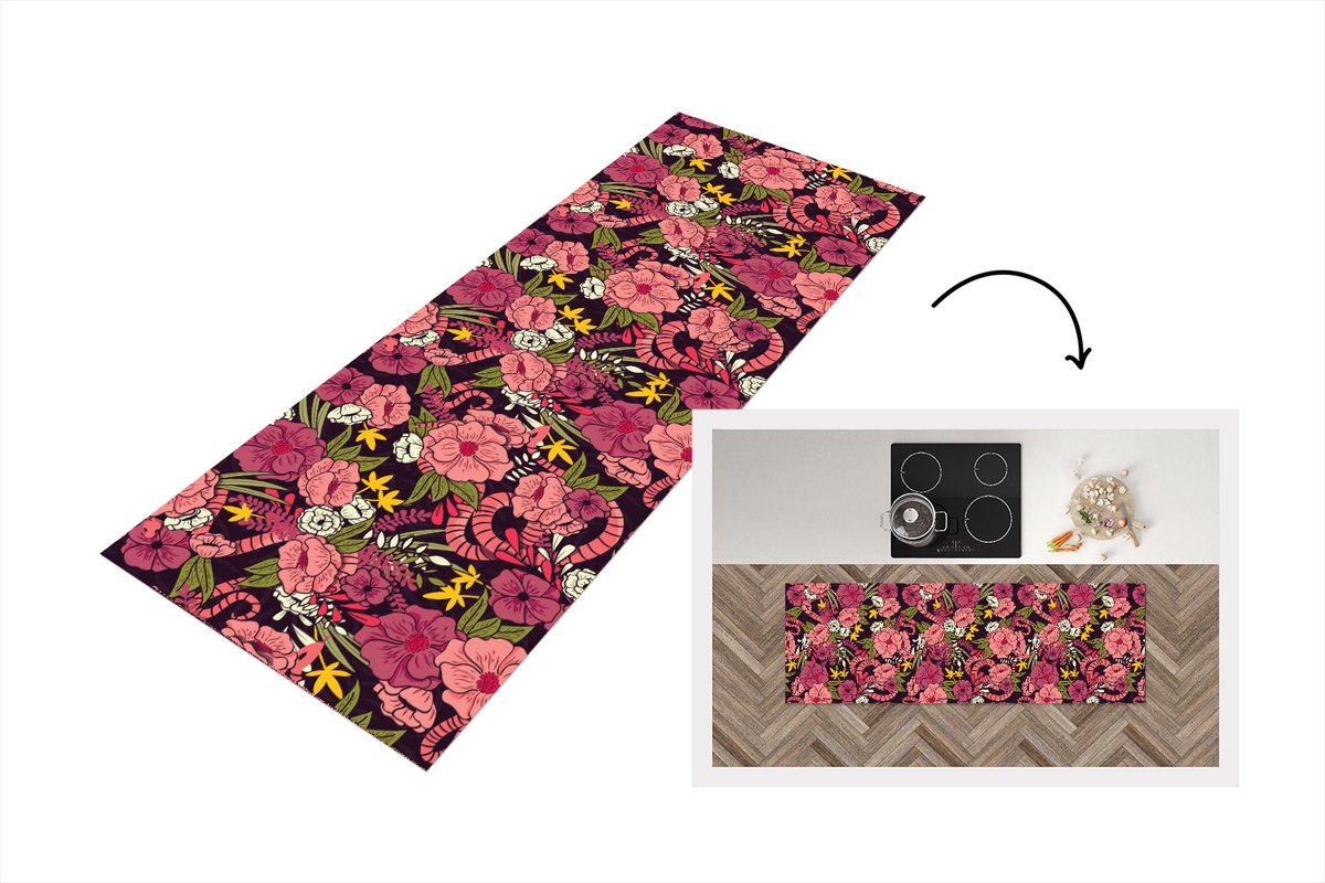 KitchenYeah Keukenloper - Loper keuken - Jungle - Bloemen - Patronen - 150x50 cm - Keukenloper vinyl Multicolor