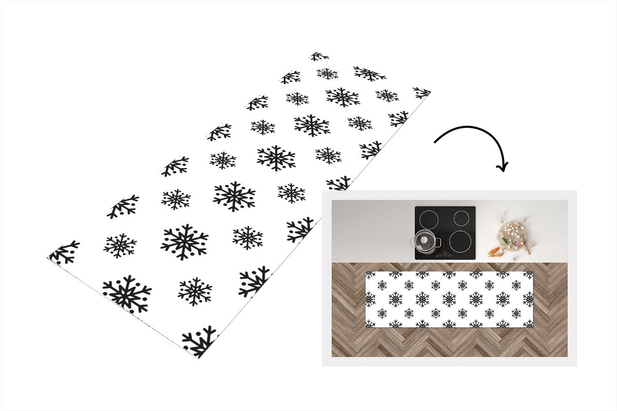 KitchenYeah Keukenloper - Loper keuken - Sneeuwvlok - Winter - Zwart - Wit - Patronen - 180x60 cm - Keukenloper vinyl Multicolor