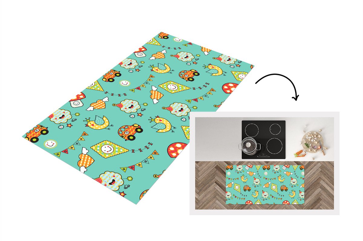 KitchenYeah Keukenloper - Loper keuken - Patroon - Kinderen - Auto - Vogel - 120x60 cm - Keukenloper vinyl Multicolor
