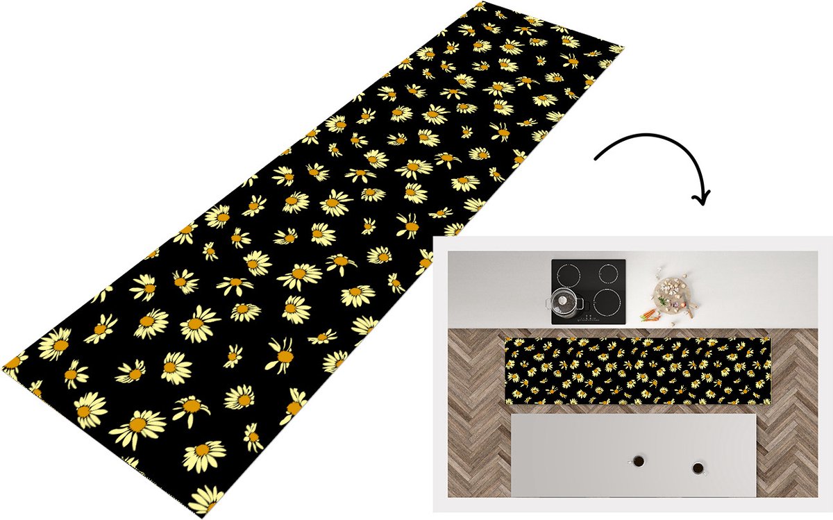 KitchenYeah Keukenloper - Loper keuken - Madelief - Zwart - Patroon - 240x60 cm - Keukenloper vinyl Multicolor