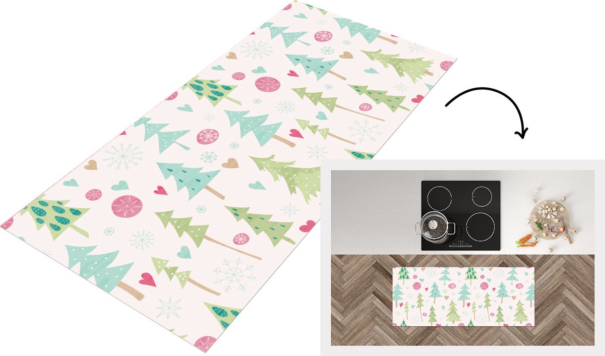 KitchenYeah Keukenloper - Loper keuken - Winter - Bos - Patroon - Sneeuw - Pastel - 120x50 cm - Keukenloper vinyl Multicolor