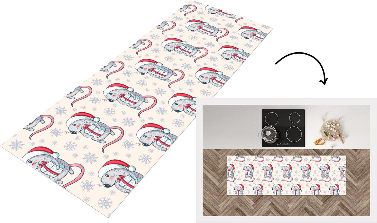 KitchenYeah Keukenloper - Loper keuken - Rat - Kerstcadeau - Kinderen - Kerst - Patronen - 180x60 cm - Keukenloper vinyl Multicolor