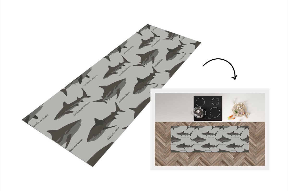 KitchenYeah Keukenloper - Loper keuken - Patronen - Haai - Zee - 150x50 cm - Keukenloper vinyl Multicolor