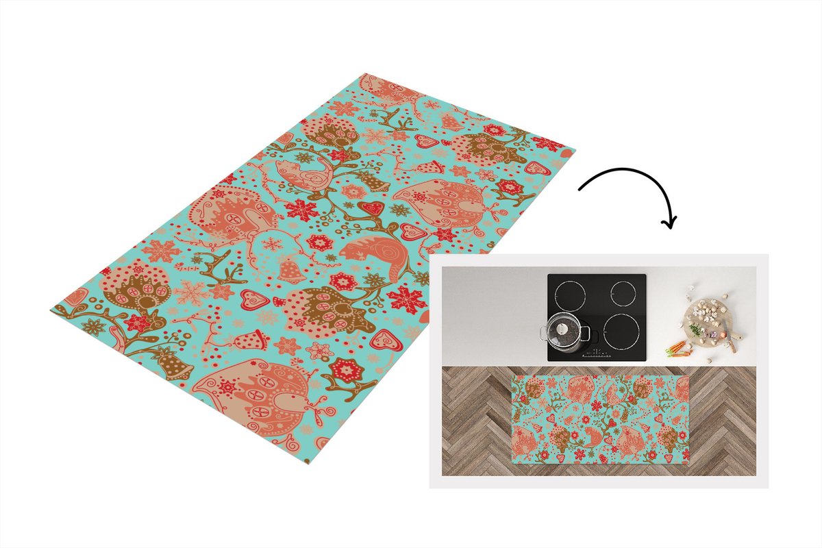 KitchenYeah Keukenloper - Loper keuken - Peperkoekhuisje - Bloemen - Katten - Sneeuwvlok - Patronen - 120x60 cm - Keukenloper vinyl Multicolor