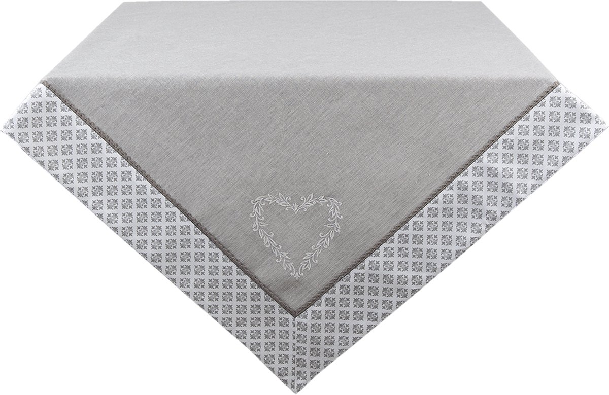 Clayre & Eef Tafelkleed 150x150 cm Grijs Wit Katoen Vierkant Harten Ruiten Tafellaken