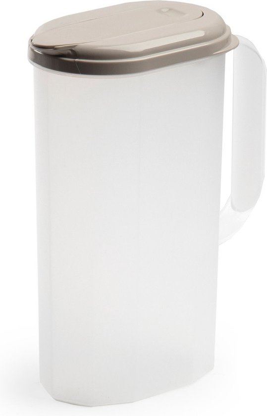 Waterkan/sapkan transparant/taupe met deksel 2 liter kunststof - Smalle schenkkan die in de koelkastdeur past