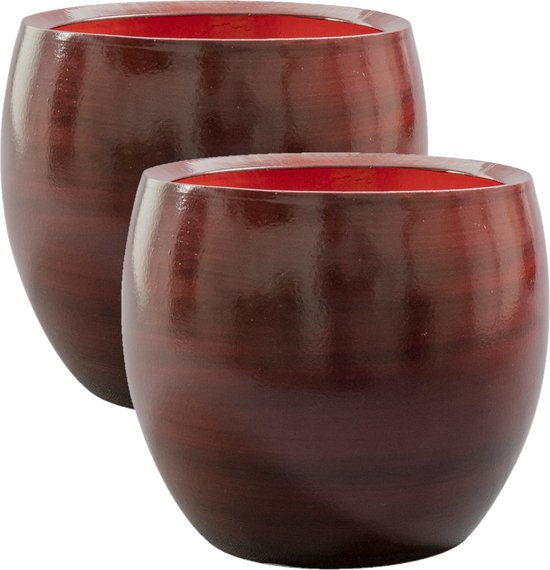 2x stuks plantenpot/bloempot in een strakke Modern design look wijnrood Dia 19 cm en Hoogte 16 cm glanzend