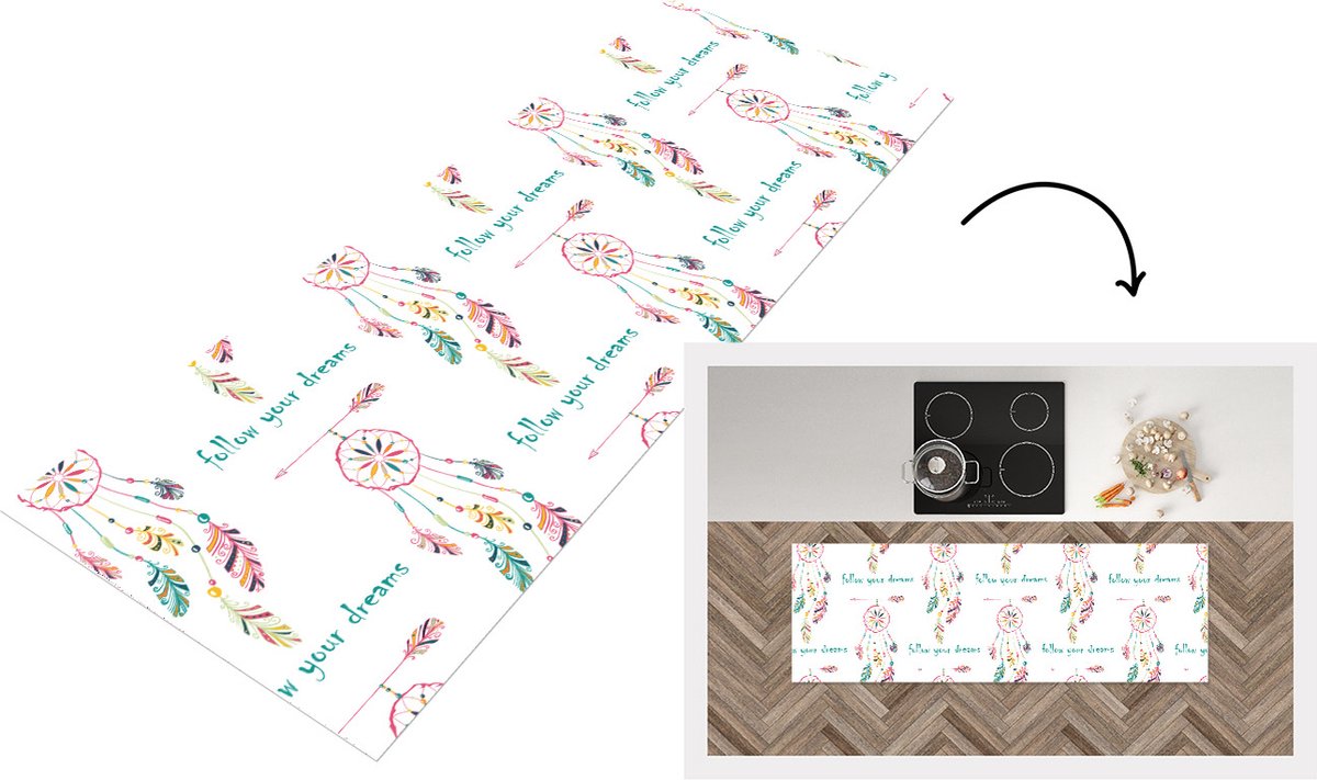 KitchenYeah Keukenloper - Loper keuken - Dromen - Dromenvanger - Veren - Patronen - Regenboog - 180x60 cm - Keukenloper vinyl Multicolor
