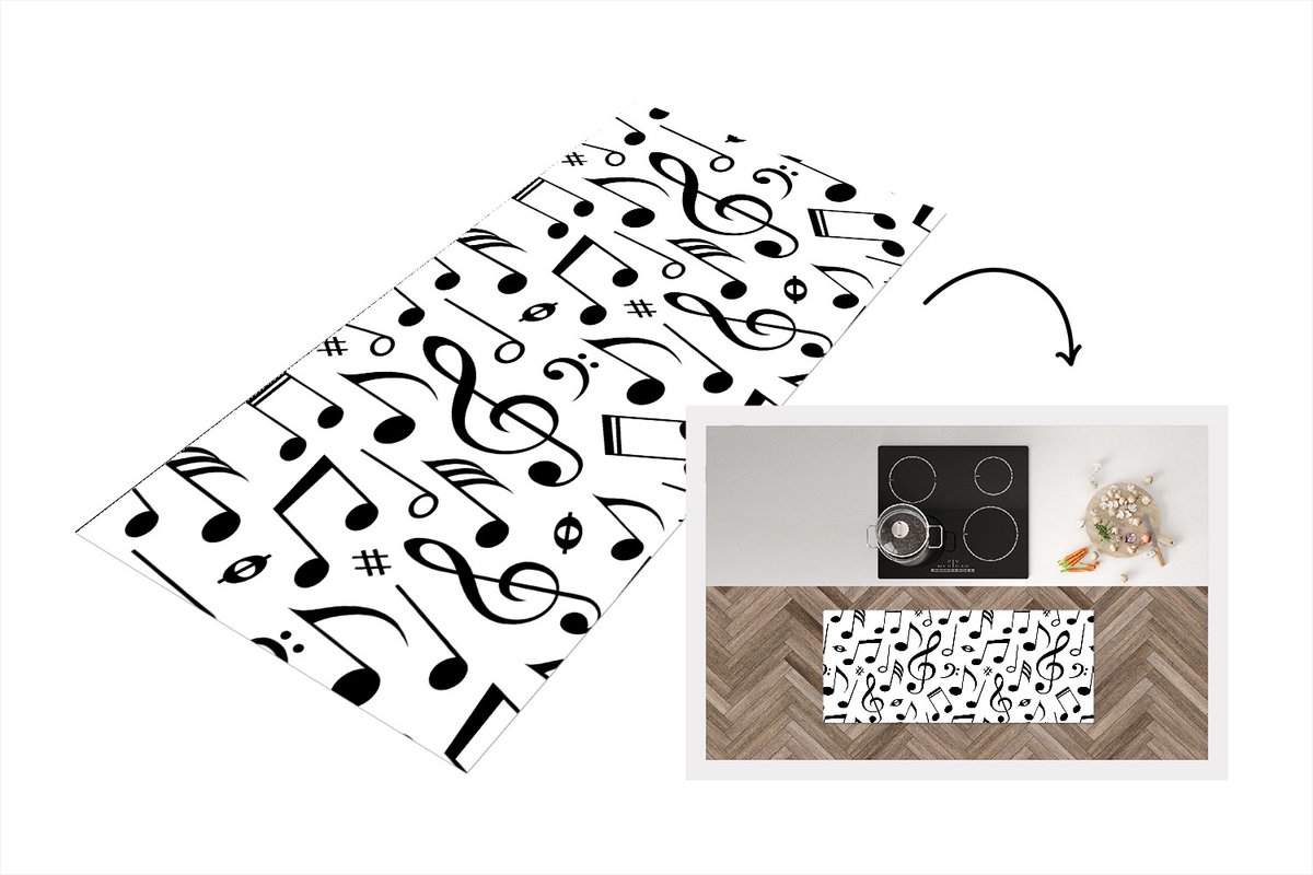 KitchenYeah Keukenloper - Loper keuken - Muziek - Patronen - Zwart Wit - 120x50 cm - Keukenloper vinyl Zwart; Wit