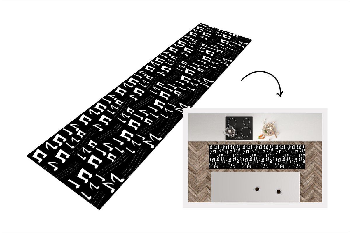 KitchenYeah Keukenloper - Loper keuken - Muziek - Zwart Wit - Patroon - 240x60 cm - Keukenloper vinyl Zwart; Wit