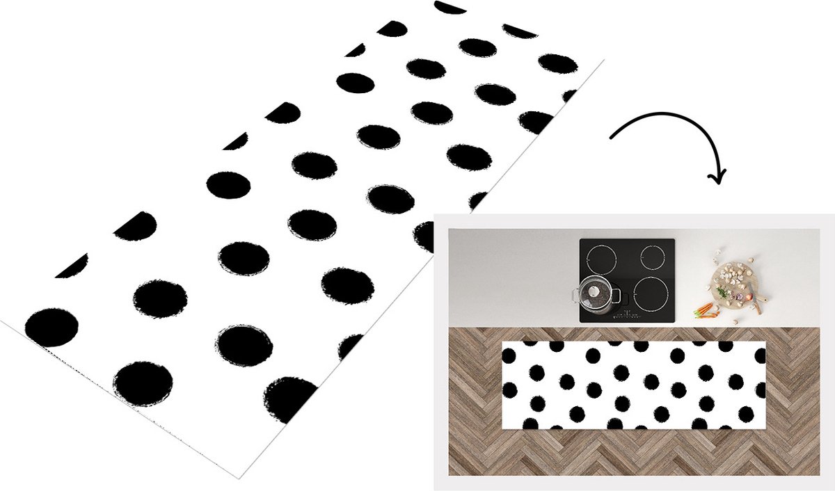KitchenYeah Keukenloper - Loper keuken - Stippen - Patroon - Zwart Wit - 180x60 cm - Keukenloper vinyl Zwart; Wit