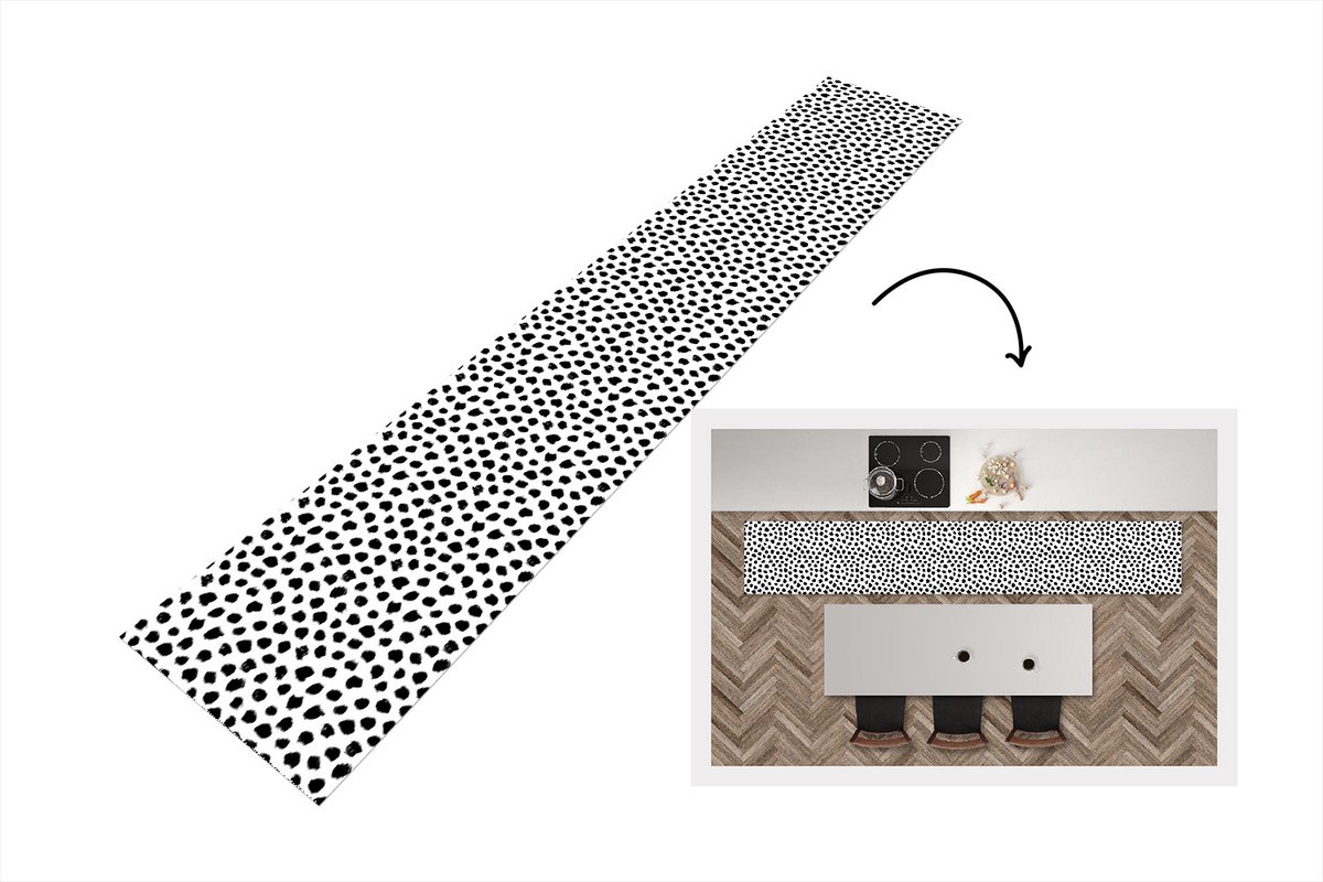 KitchenYeah Keukenloper - Loper keuken - Stippen - Zwart Wit - Patronen - 300x50 cm - Keukenloper vinyl
