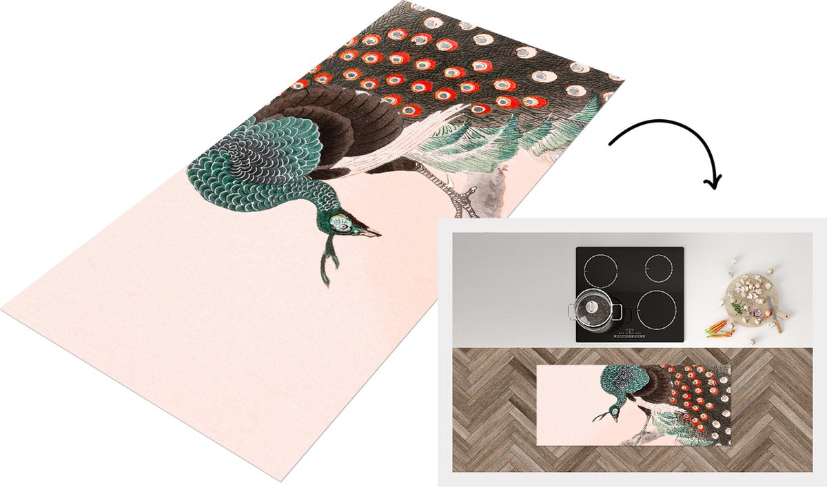 KitchenYeah Keukenloper - Loper keuken - Pauw - Veren - Japans - Vintage - 120x50 cm - Keukenloper vinyl Multicolor
