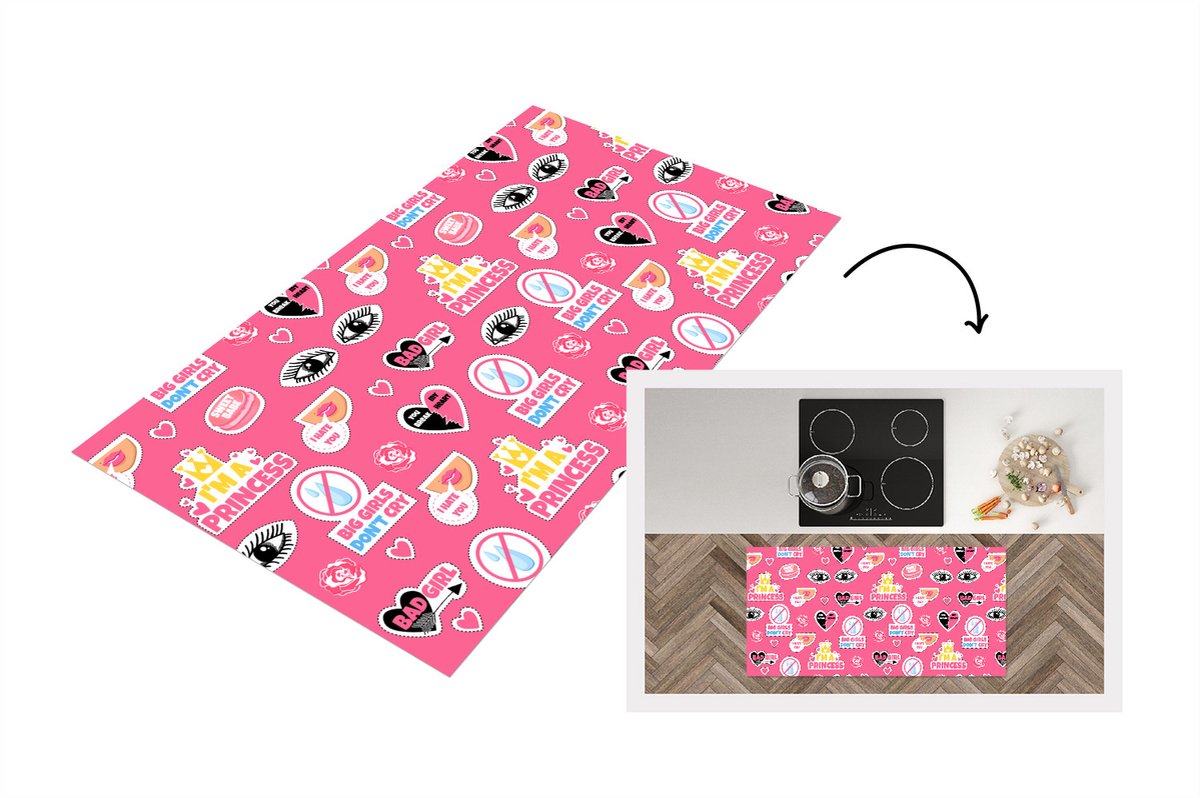 KitchenYeah Keukenloper - Loper keuken - Meisjes - Roze - Prinses - Patroon - 120x60 cm - Keukenloper vinyl Multicolor