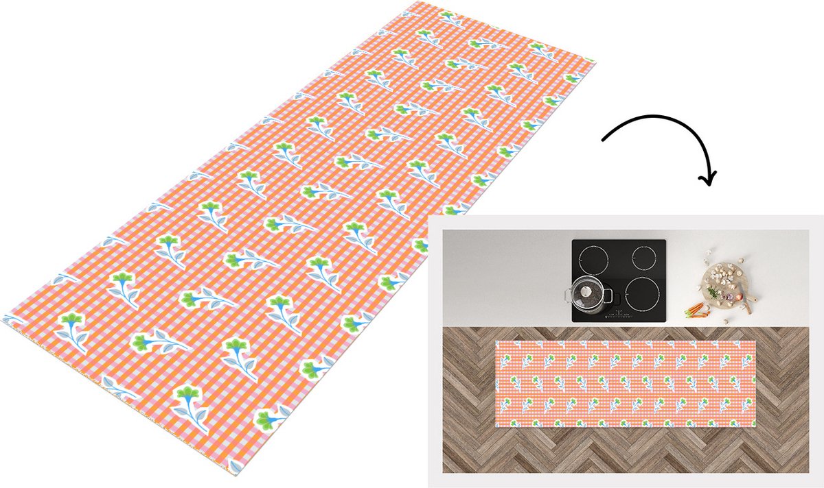 KitchenYeah Keukenloper - Loper keuken - Bloemen - Ruiten - Patroon - 150x50 cm - Keukenloper vinyl Multicolor