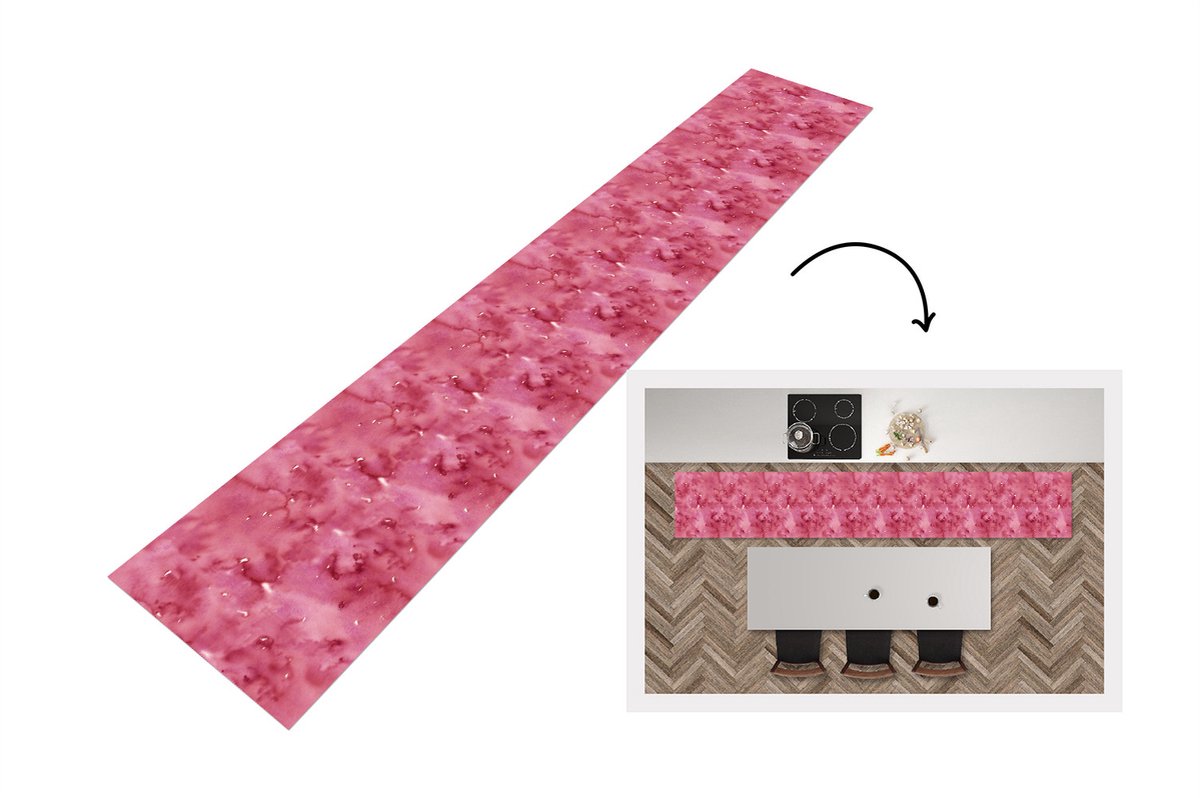 KitchenYeah Keukenloper - Loper keuken - Patroon - Waterverf - Roze - 300x50 cm - Keukenloper vinyl Multicolor