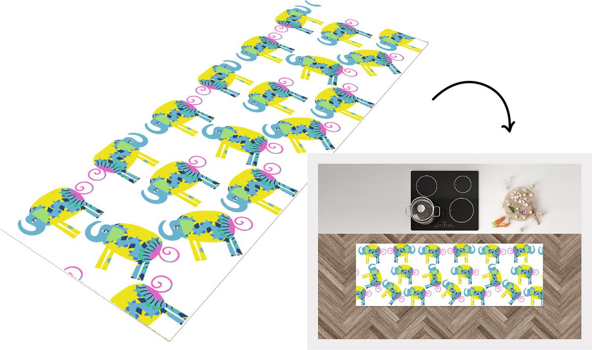 KitchenYeah Keukenloper - Loper keuken - Olifant - Geel - Ornament - Patronen - 150x50 cm - Keukenloper vinyl Multicolor