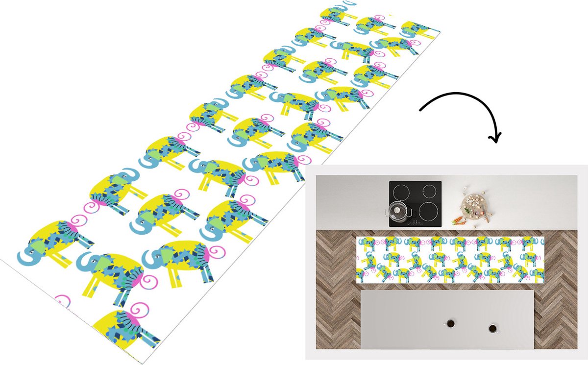 KitchenYeah Keukenloper - Loper keuken - Olifant - Geel - Ornament - Patronen - 240x60 cm - Keukenloper vinyl Multicolor