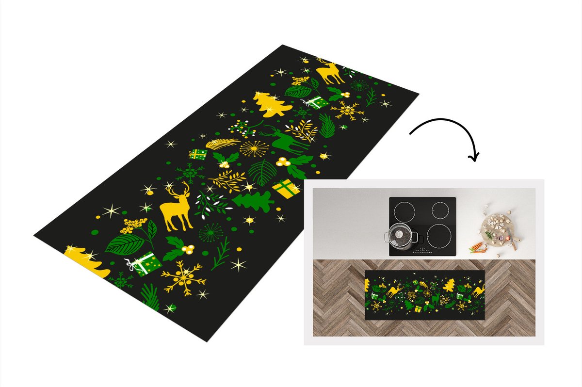 KitchenYeah Keukenloper - Loper keuken - Kerst - Patroon - Hert - 120x50 cm - Keukenloper vinyl Multicolor