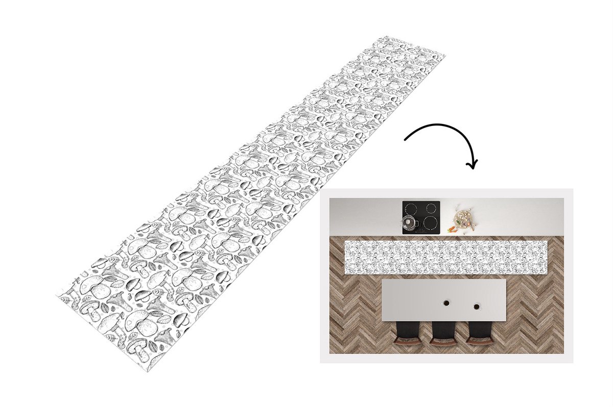 KitchenYeah Keukenloper - Loper keuken - Paddenstoel - Zwart Wit - Patronen - 300x50 cm - Keukenloper vinyl Zwart; Wit