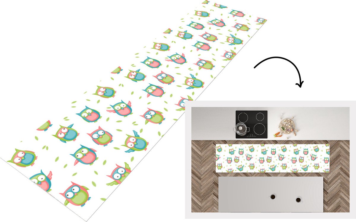 KitchenYeah Keukenloper - Loper keuken - Uilen - Patronen - Kinderen - 200x50 cm - Keukenloper vinyl Multicolor