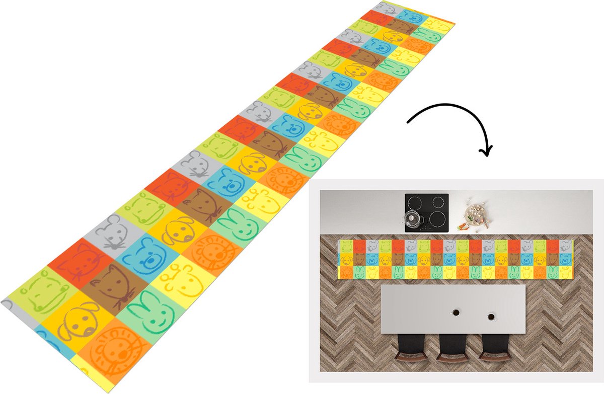 Keukenloper - Loper keuken - Dieren - Patronen - Kinderen - Regenboog - 300x50 cm - Keuken