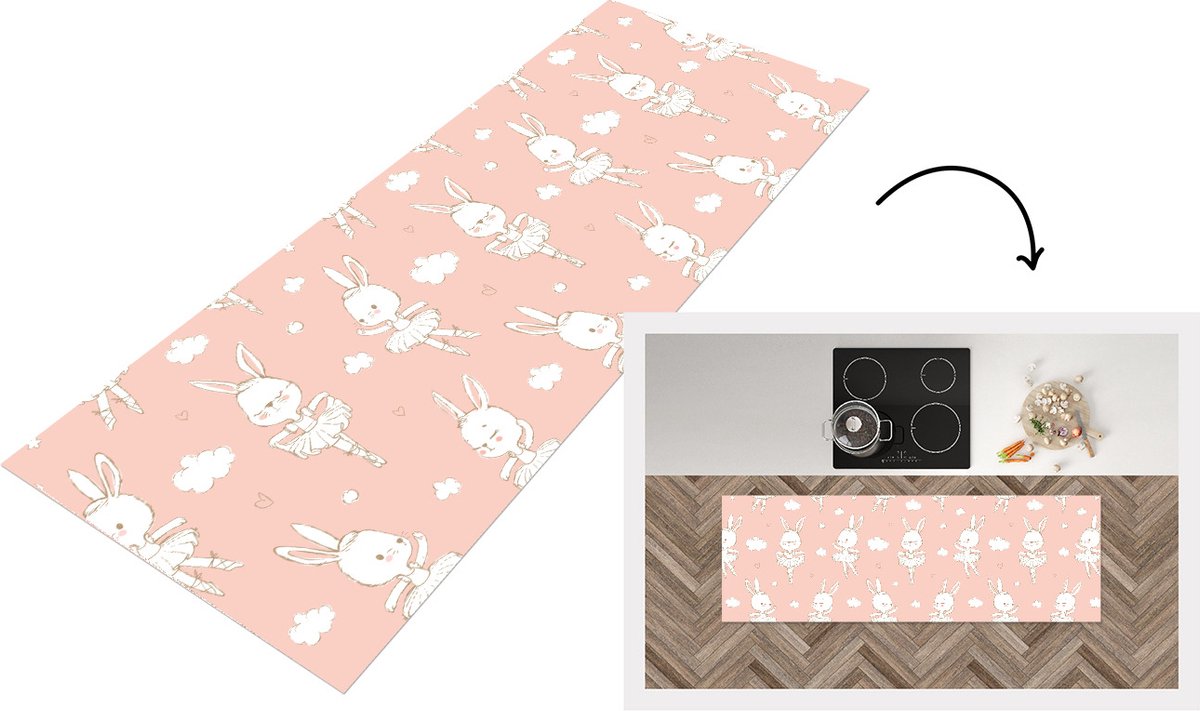 KitchenYeah Keukenloper - Loper keuken - Konijn - Ballerina - Patronen - 150x50 cm - Keukenloper vinyl Multicolor