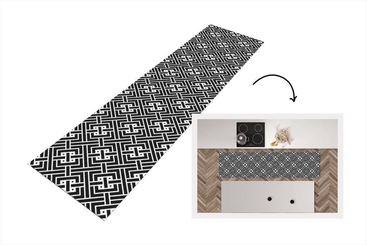 KitchenYeah Keukenloper - Loper keuken - Patronen - Zwart Wit - Doolhof - 240x60 cm - Keukenloper vinyl Zwart; Wit