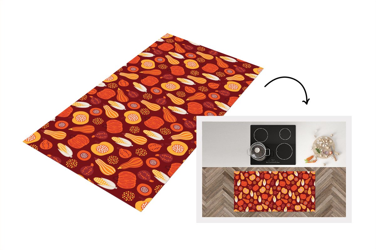 KitchenYeah Keukenloper - Loper keuken - Pompoen - Maïs - Herfst - Patronen - 120x60 cm - Keukenloper vinyl Multicolor