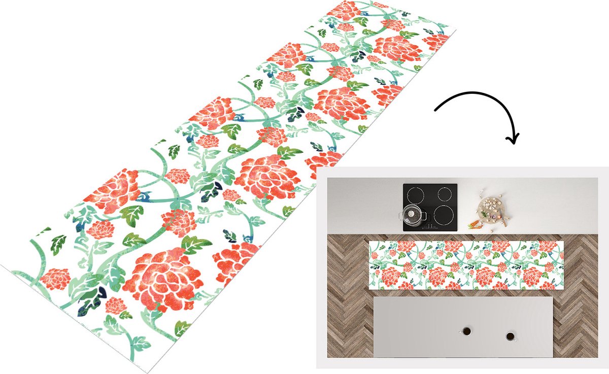 KitchenYeah Keukenloper - Loper keuken - Bloemen - Bladeren - Patronen - Waterverf - 240x60 cm - Keukenloper vinyl Multicolor