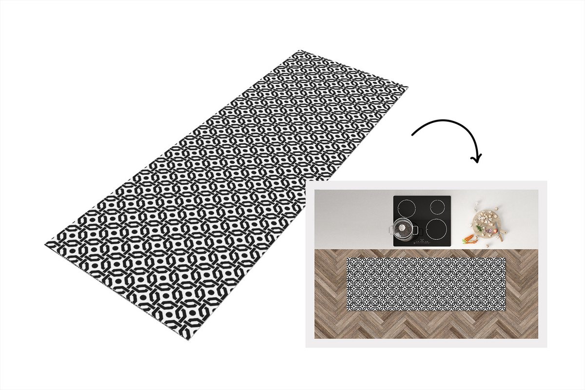 KitchenYeah Keukenloper - Loper keuken - Zwart - Geometrie - Design - 150x50 cm - Keukenloper vinyl Multicolor