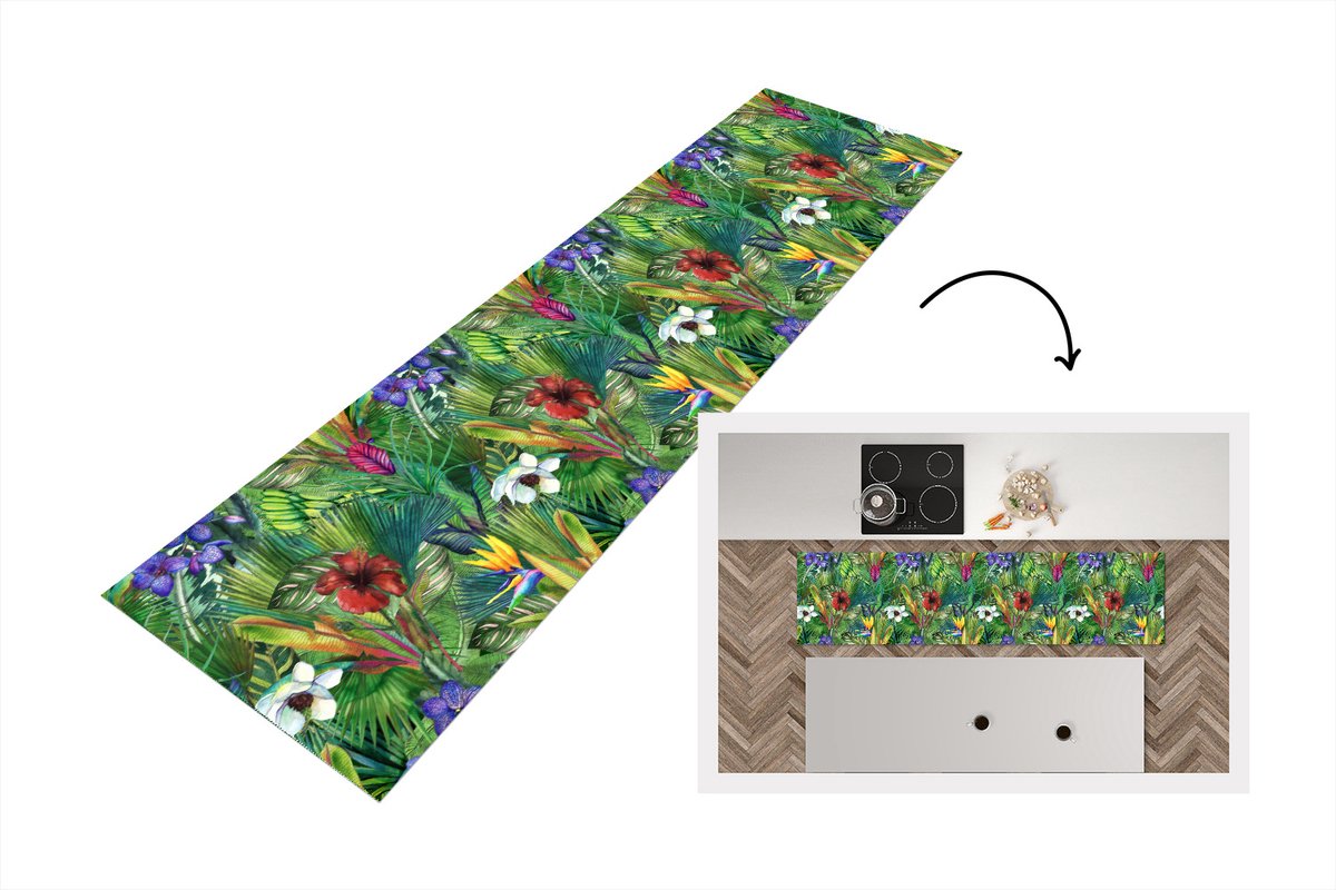 KitchenYeah Keukenloper - Loper keuken - Regenboog - Flora - Jungle - Patronen - 240x60 cm - Keukenloper vinyl Multicolor