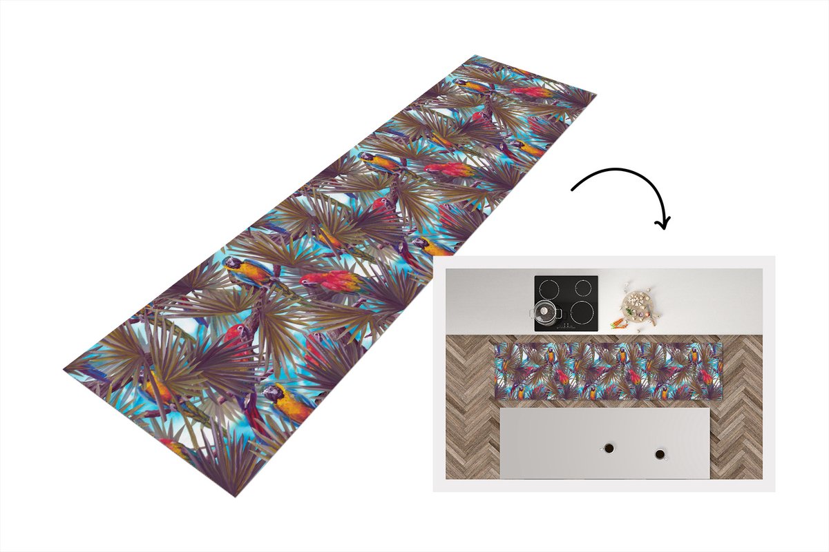 KitchenYeah Keukenloper - Loper keuken - Vintage - Papegaai - Regenboog - Jungle - 240x60 cm - Keukenloper vinyl Multicolor