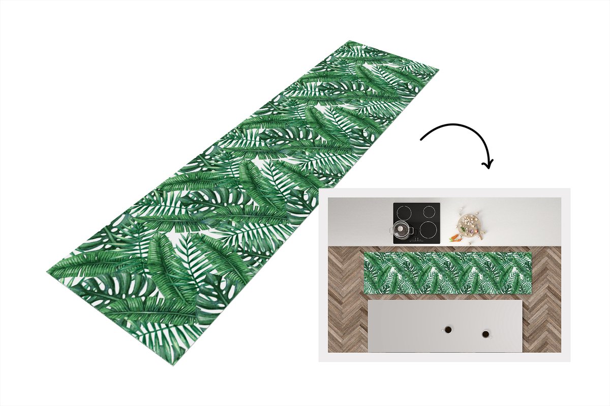 KitchenYeah Keukenloper - Loper keuken - Patronen - Palm - Bladeren - 200x50 cm - Keukenloper vinyl Multicolor