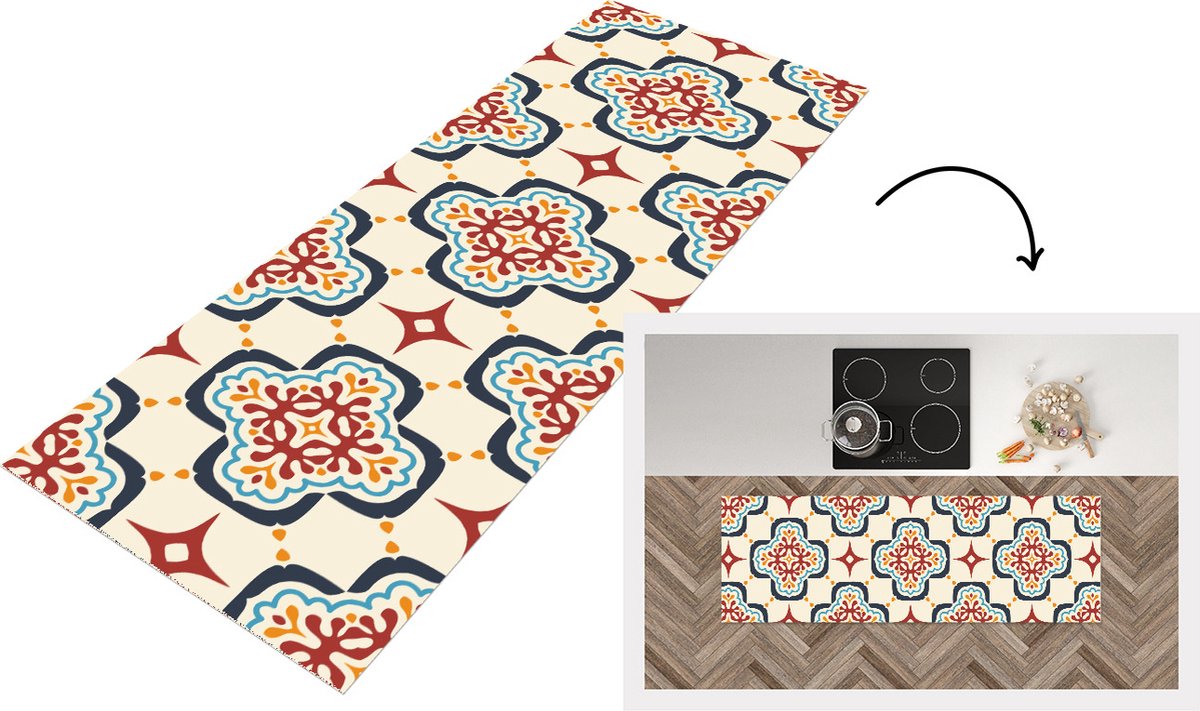 KitchenYeah Keukenloper - Loper keuken - Bloemen - Tegel - Vector - Patroon - 180x60 cm - Keukenloper vinyl Multicolor
