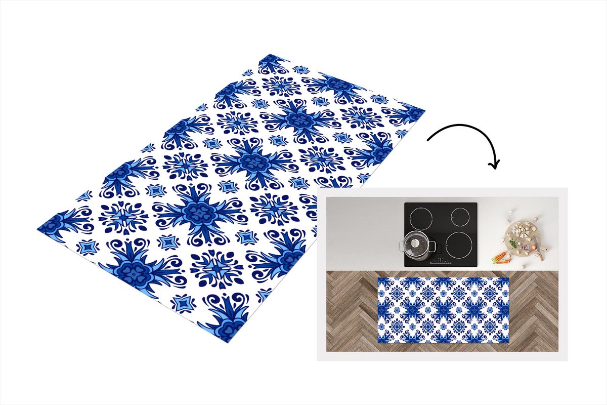 KitchenYeah Keukenloper - Loper keuken - Tegel - Bloem - Blauw - Patroon - 120x60 cm - Keukenloper vinyl Multicolor