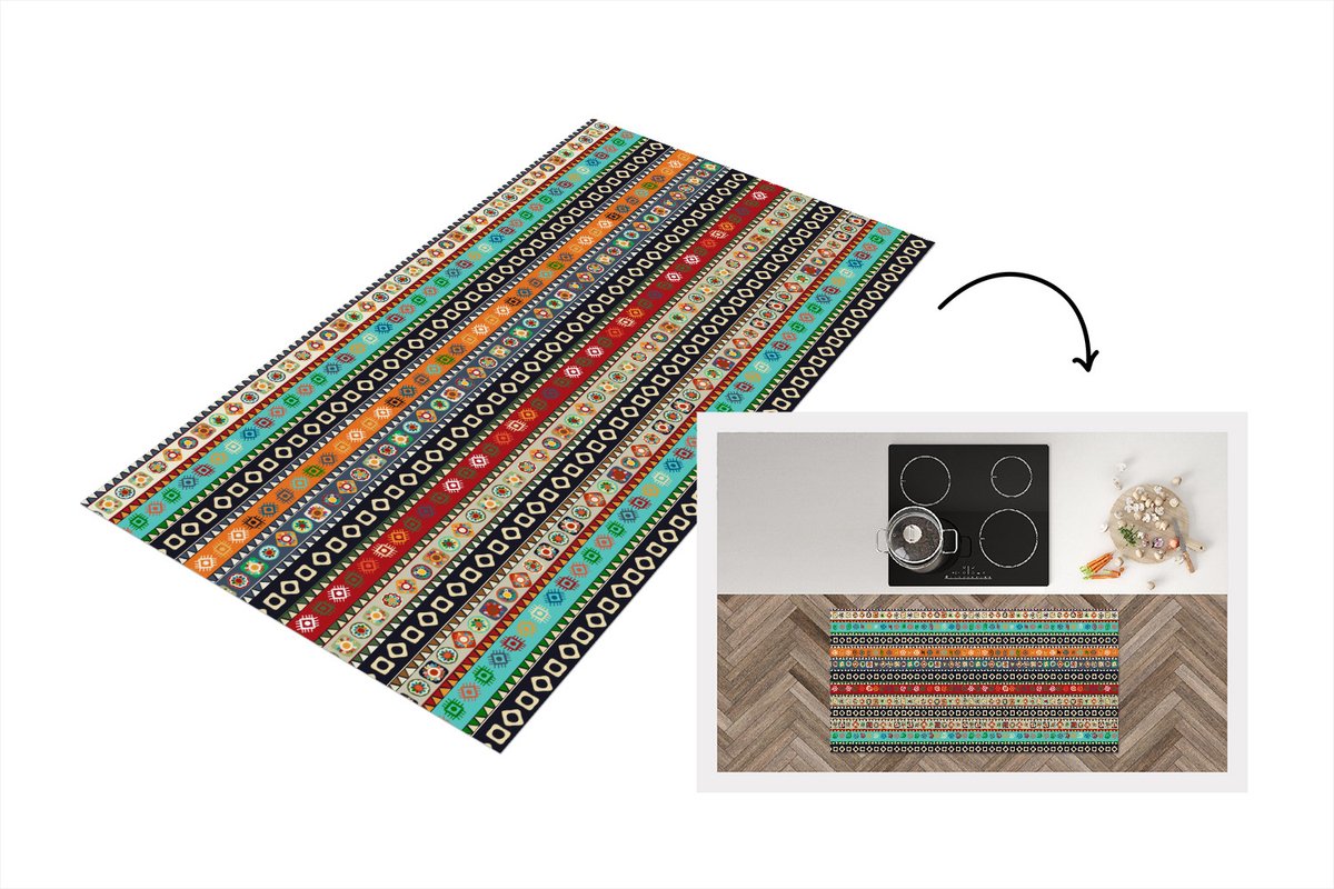 KitchenYeah Keukenloper - Loper keuken - Patroon - Azteken - Symbolen - Regenboog - 120x60 cm - Keukenloper vinyl Multicolor