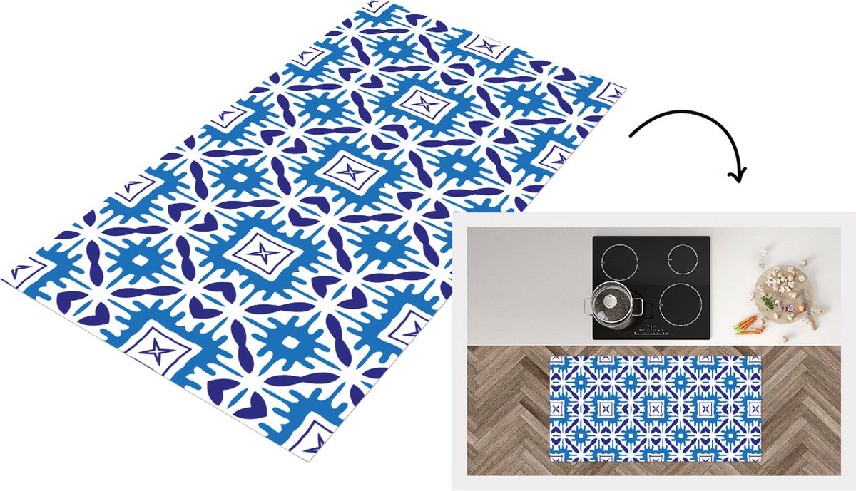KitchenYeah Keukenloper - Loper keuken - Vector - Blauw - Tegels - Patronen - 120x60 cm - Keukenloper vinyl Multicolor