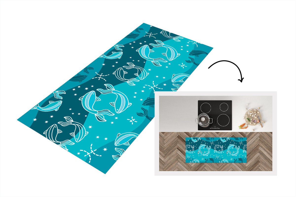 KitchenYeah Keukenloper - Loper keuken - Vissen - Zodiac - Design - 120x50 cm - Keukenloper vinyl Multicolor