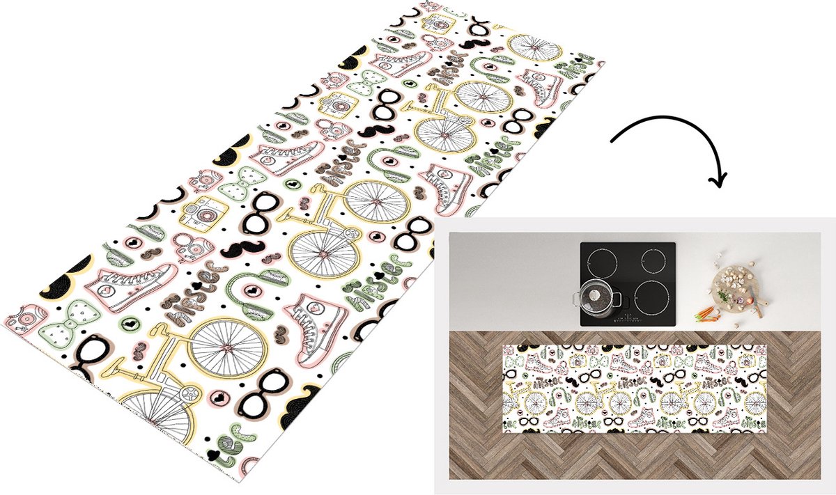 Keukenloper - Loper keuken - Doodle - Koptelefoon - Patroon - 150x50 cm - Keukenloper viny