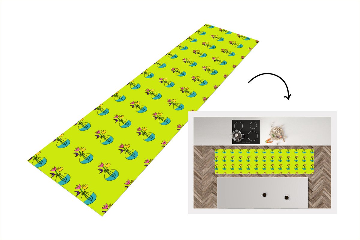 KitchenYeah Keukenloper - Loper keuken - Bloemen - Vazen - Patronen - 240x60 cm - Keukenloper vinyl Multicolor