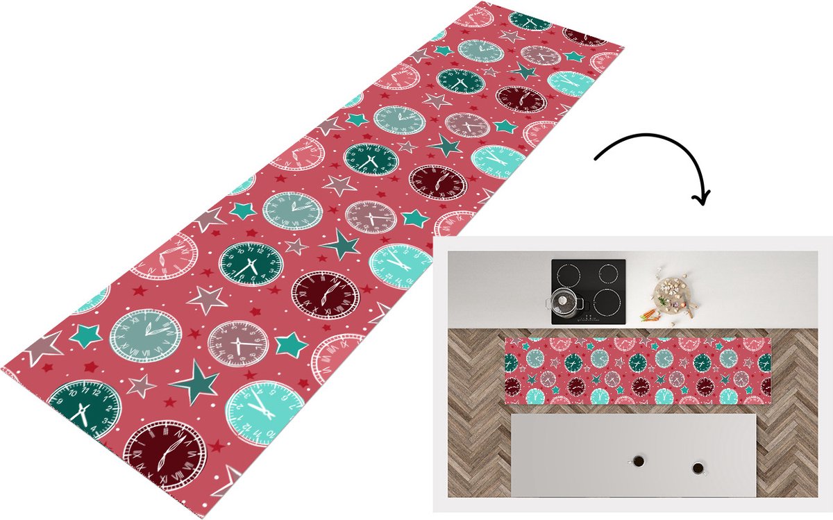 KitchenYeah Keukenloper - Loper keuken - Klok - Roze - Patronen - Sterren - 200x50 cm - Keukenloper vinyl Multicolor