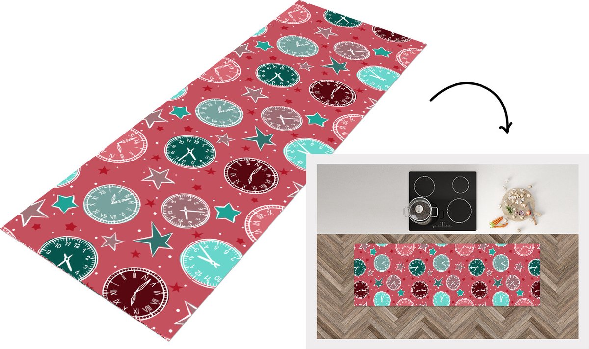 KitchenYeah Keukenloper - Loper keuken - Klok - Roze - Patronen - Sterren - 180x60 cm - Keukenloper vinyl Multicolor