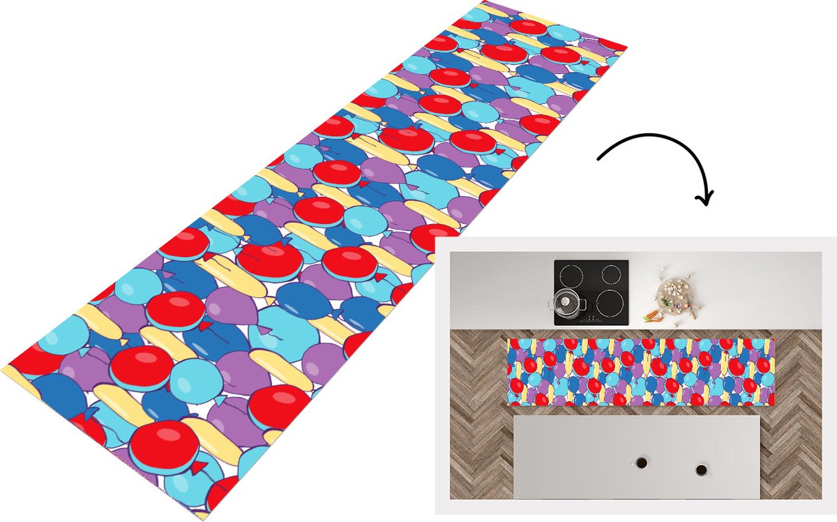 KitchenYeah Keukenloper - Loper keuken - Ballonnen - Patronen - Feest - 240x60 cm - Keukenloper vinyl Multicolor