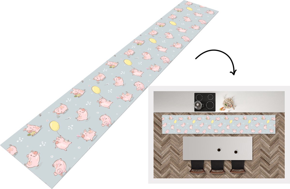 KitchenYeah Keukenloper - Loper keuken - Patronen - Varkens - Ballonnen - 300x50 cm - Keukenloper vinyl Multicolor
