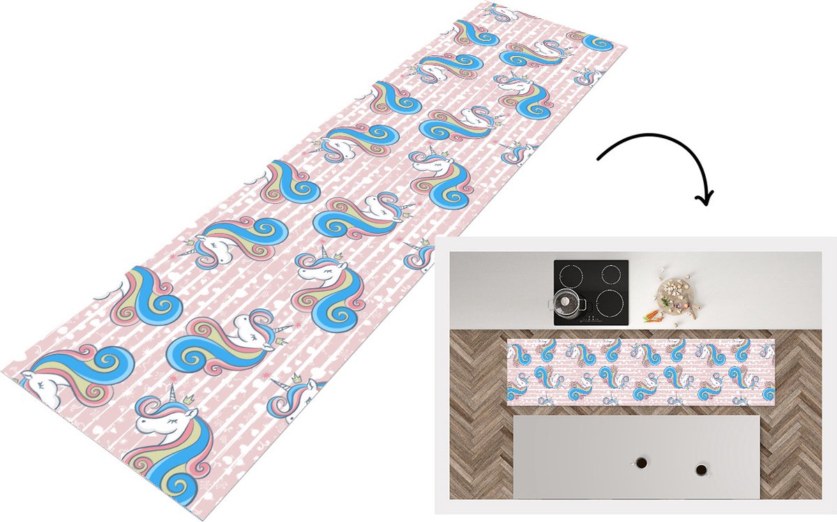 KitchenYeah Keukenloper - Loper keuken - Unicorn - Patronen - Roze - 200x50 cm - Keukenloper vinyl Multicolor