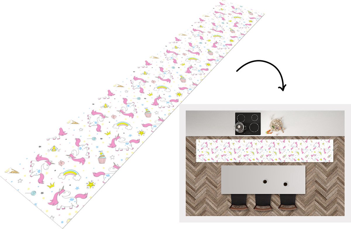 KitchenYeah Keukenloper - Loper keuken - Unicorn - Regenboog - Patroon - 300x50 cm - Keukenloper vinyl Multicolor