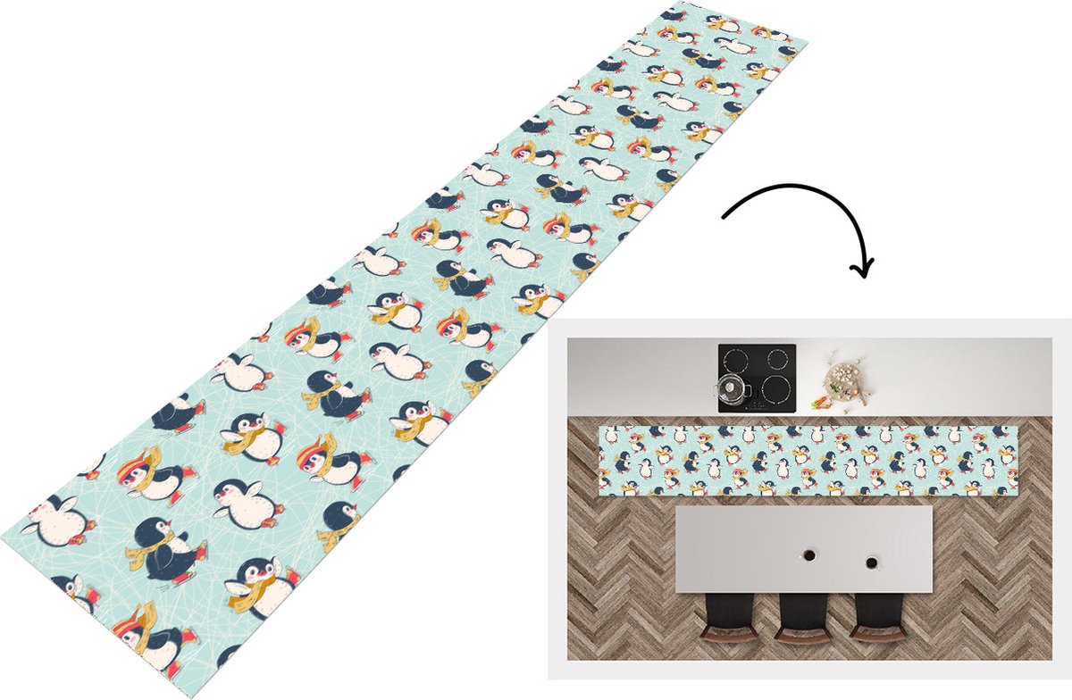KitchenYeah Keukenloper - Loper keuken - Kinderen - Pinguïn - Schaatsen - Winter - Patronen - 300x50 cm - Keukenloper vinyl Multicolor