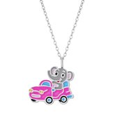 Zilveren ketting meisjes | Zilveren ketting met hanger, olifant in roze auto