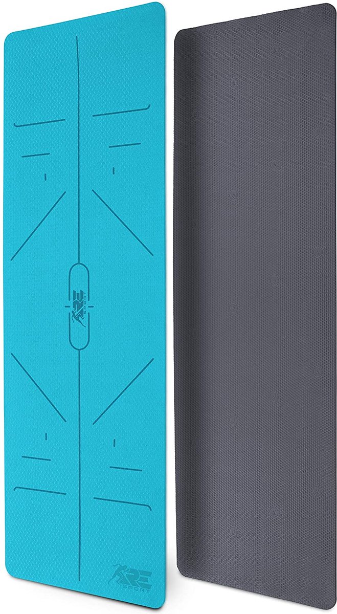RE:SPORT Yogamat lichtblauw/ grijs, trainingsmat, fitnessmat, sportmat met draagriem, 183 x 61 x 0,6 cm